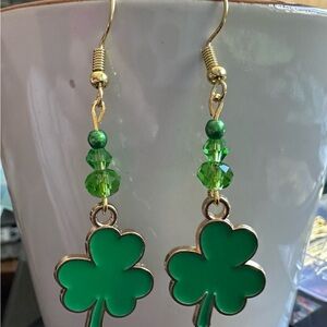 Hand Crafted Green Clover Drop Earrings with Gold Accents